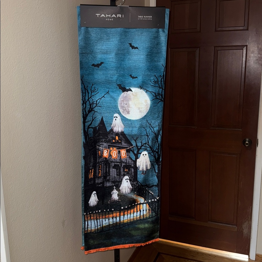 Tahari Home Halloween Table Runner 16 x 90” Haunted House Ghosts Boo Bats Moon